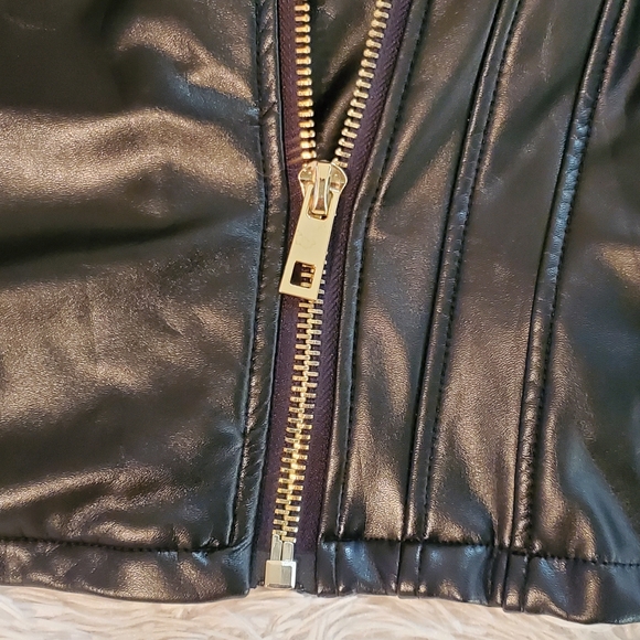 Black Vegan Leather Coat with Faux Fur Sleeves (Size M) - Picture 11 of 14